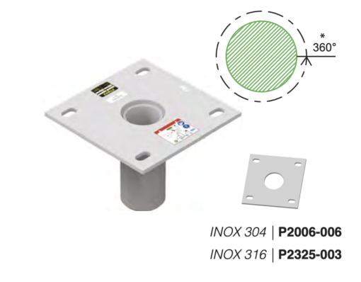 Compatible with mast IN-2003 and 24” (610 mm) davit arm IN-2210 on existing concrete or steel structures. Optional sandwich plate available. Anchor bolts not included. *Allowable working angle.